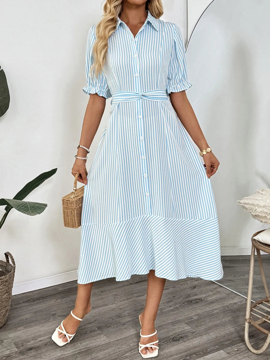 leopard stripe button front midi dress Striped Button-Down Midi Shirt Dress with Ruffle Sleeves