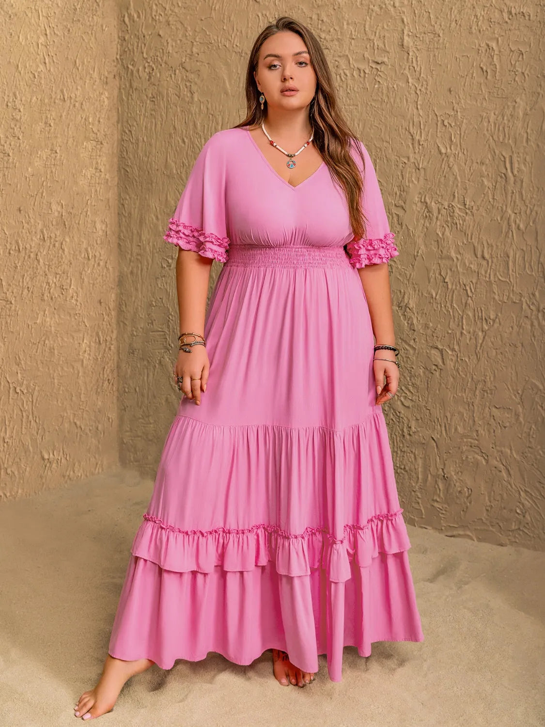maxi pink plus size dresses Plus Size V-Neck Half Sleeve Maxi Dress – Sparkled Leopard Boutique