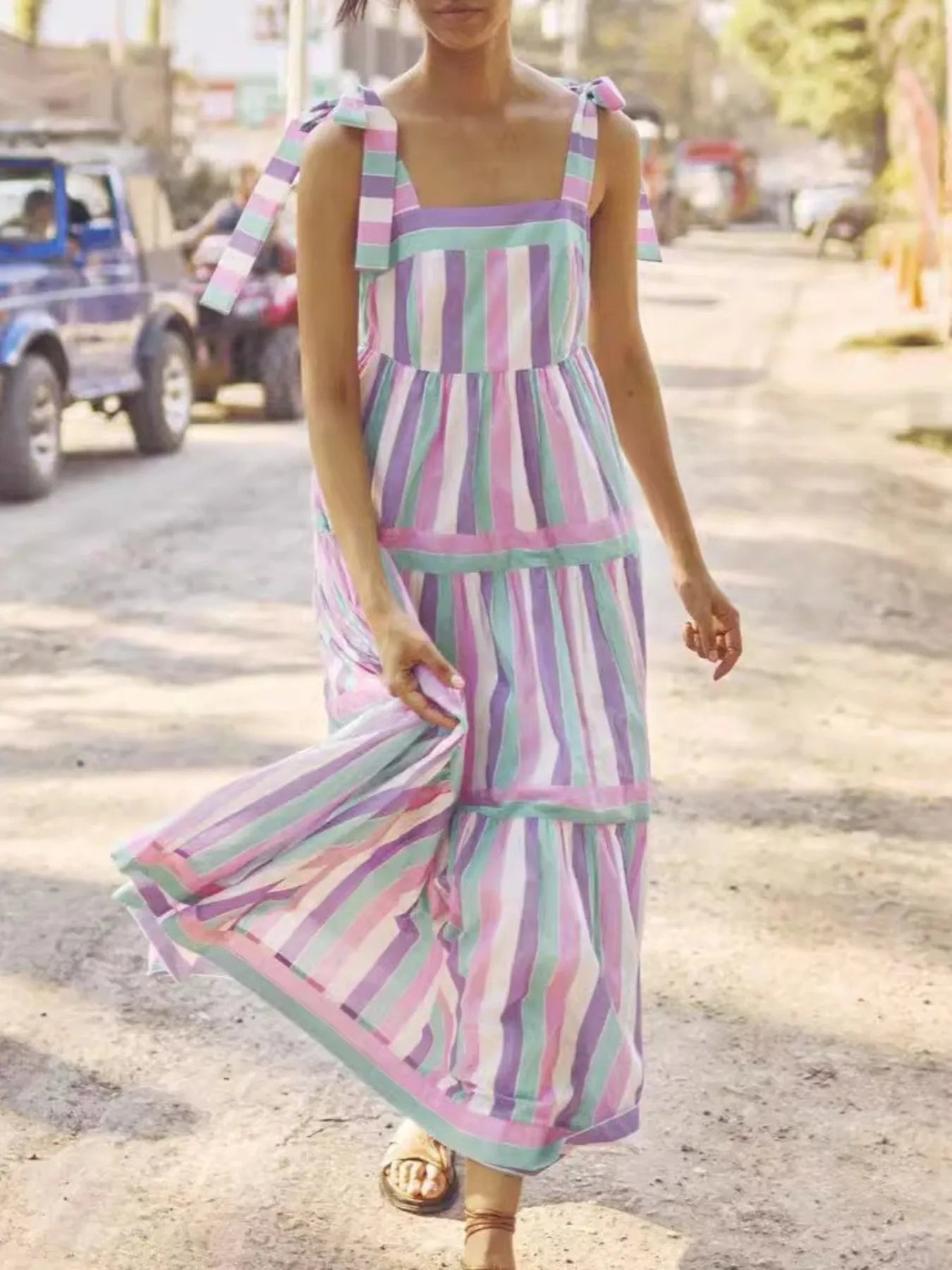 Striped Tiered Maxi Summer Dress with Bow Shoulder Ties – Sparkled Leopard  Boutique