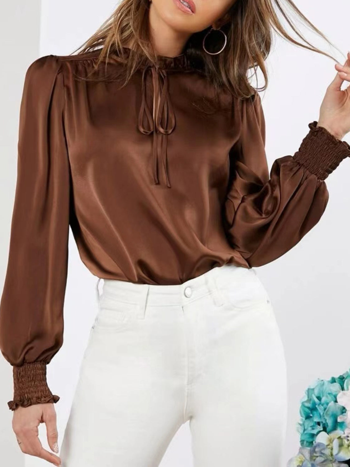 Dot Print Frilled Collar Lantern Sleeve Blouse
