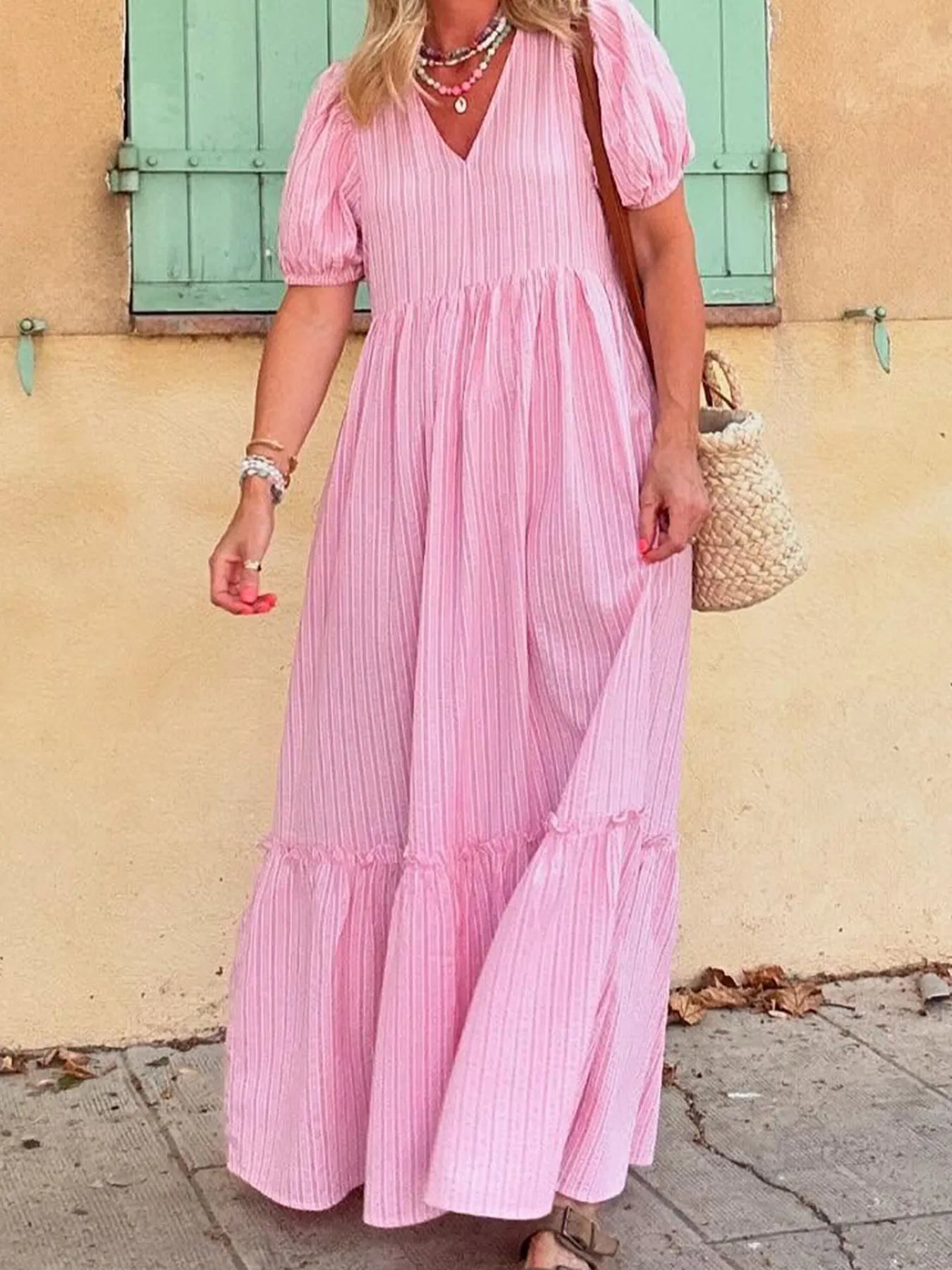 Striped Puff Sleeve V-Neck Maxi Dress – Sparkled Leopard Boutique