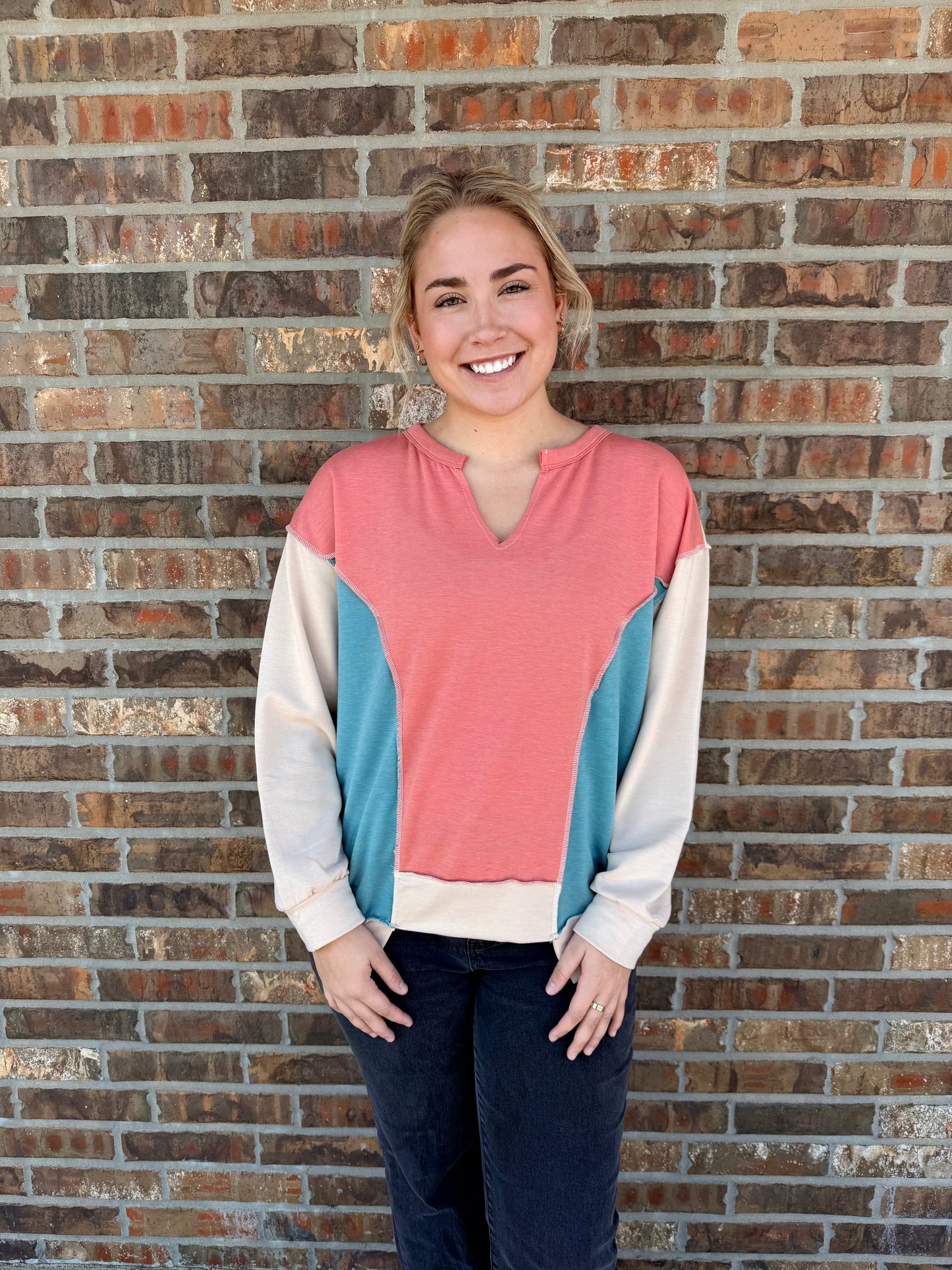 Eva Color Block Stitch V-Neck Top