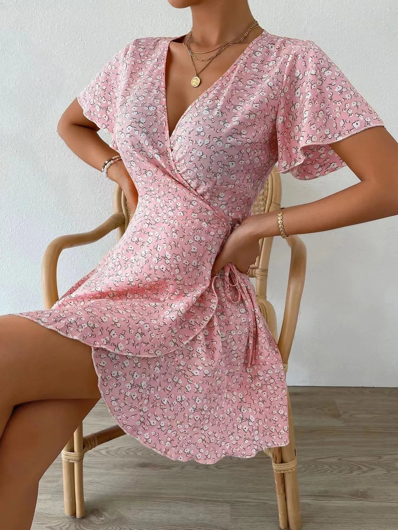 Floral Flutter Sleeve Wrap Mini Dress – Sparkled Leopard Boutique