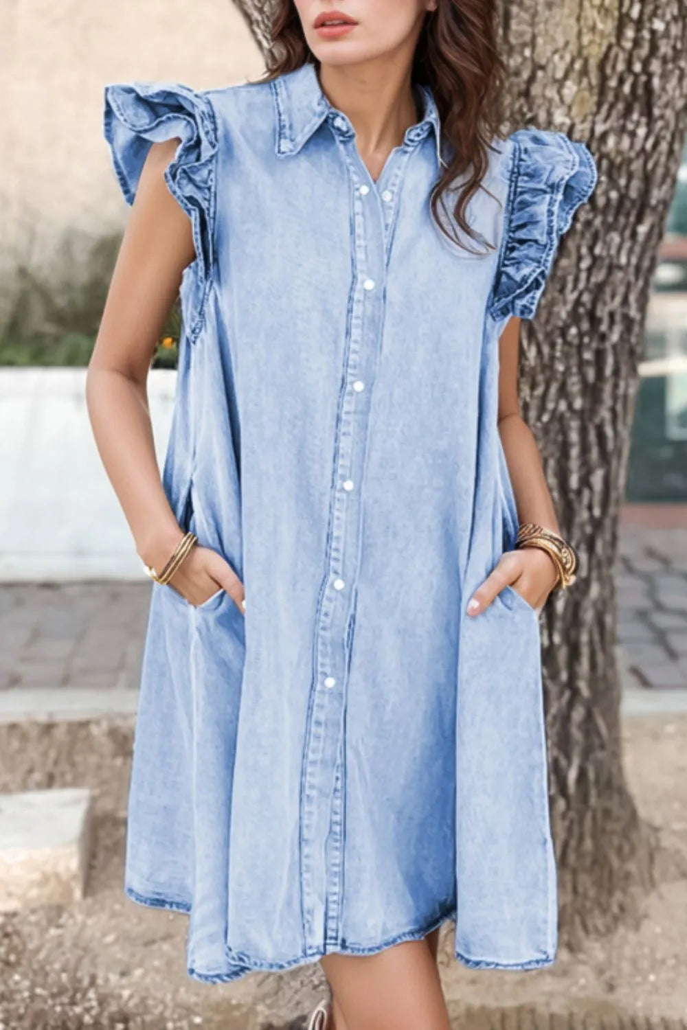 mens denim dress suits Ruffled Button Front Cap Sleeve Denim Dress – Sparkled Leopard Boutique