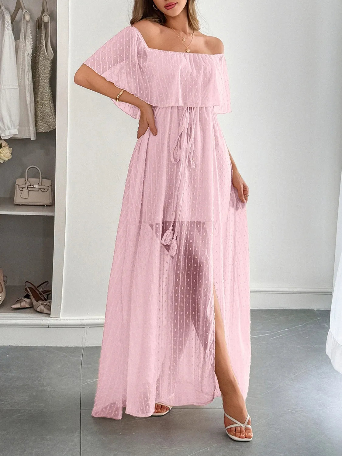 swiss dot pink dress Swiss Dot Flutter Sleeve Dress