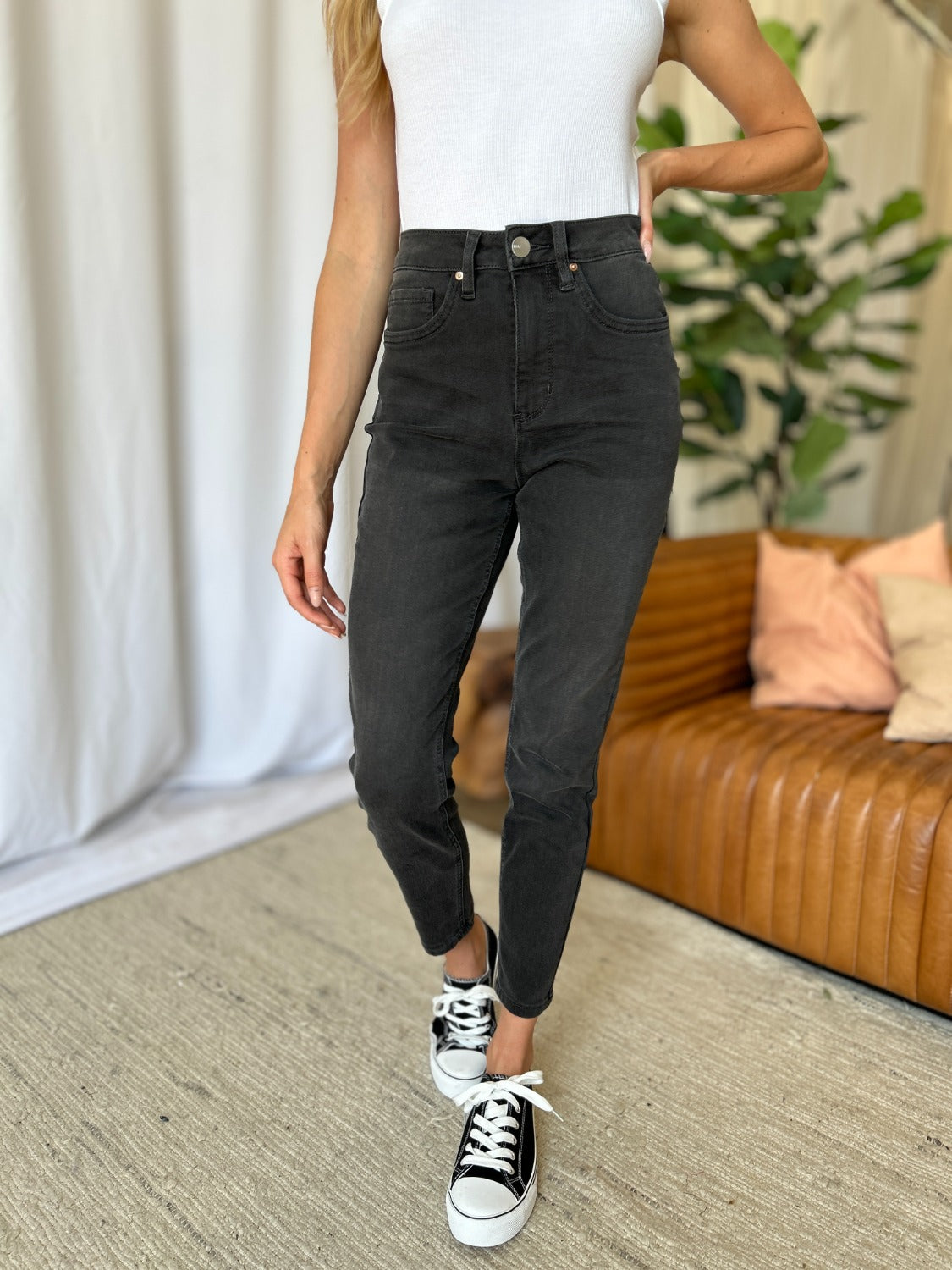 Full Size Tummy Control High Waist Raw Hem Distressed Jeans
