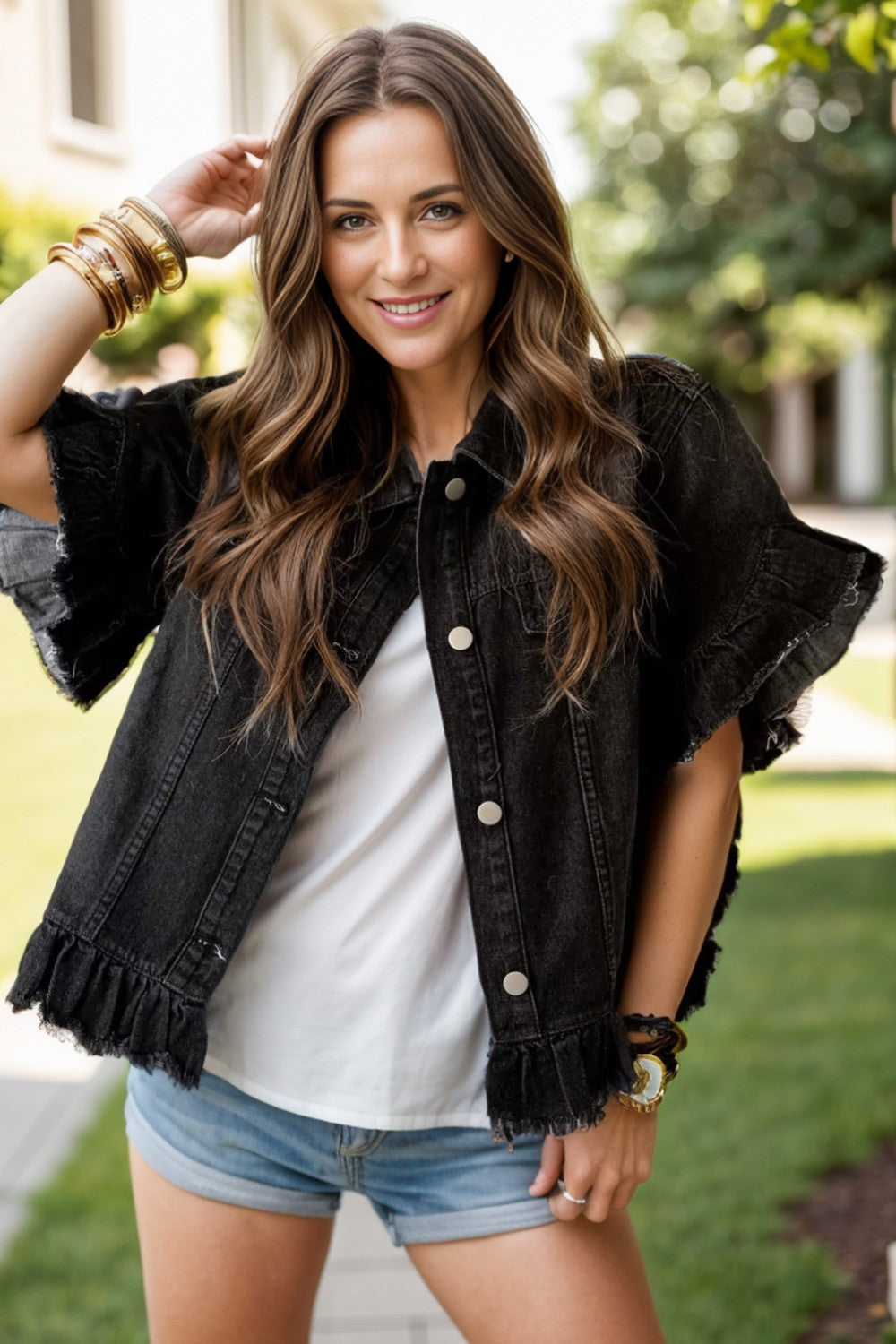 Raw Hem Button Up Cap Sleeve Denim Top