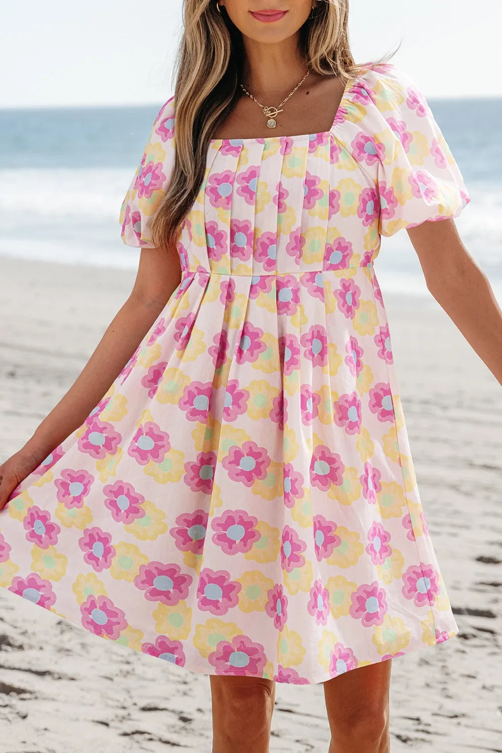 pleated puff sleeve midi dress Floral Square Neck Puff Sleeve Pleated Flared Midi Dress – Sparkled Leopard  Boutique