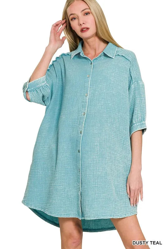 chinese dress ladies Zenana Plus Size Relaxed Fit Gauge Rolled Short Sleeve Raw Edge Mini V –  TheLovely.com main image 1