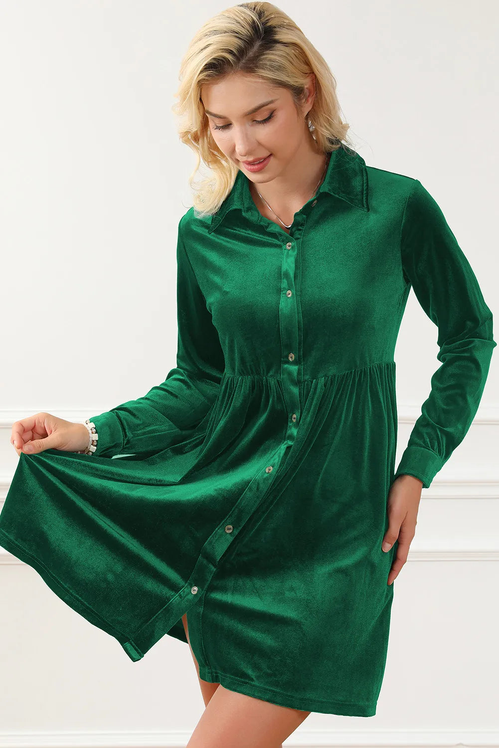 green emerald velvet dress Slinky Ruched Shirt Dress in Shimmer Green – Shop Hearts main image 1