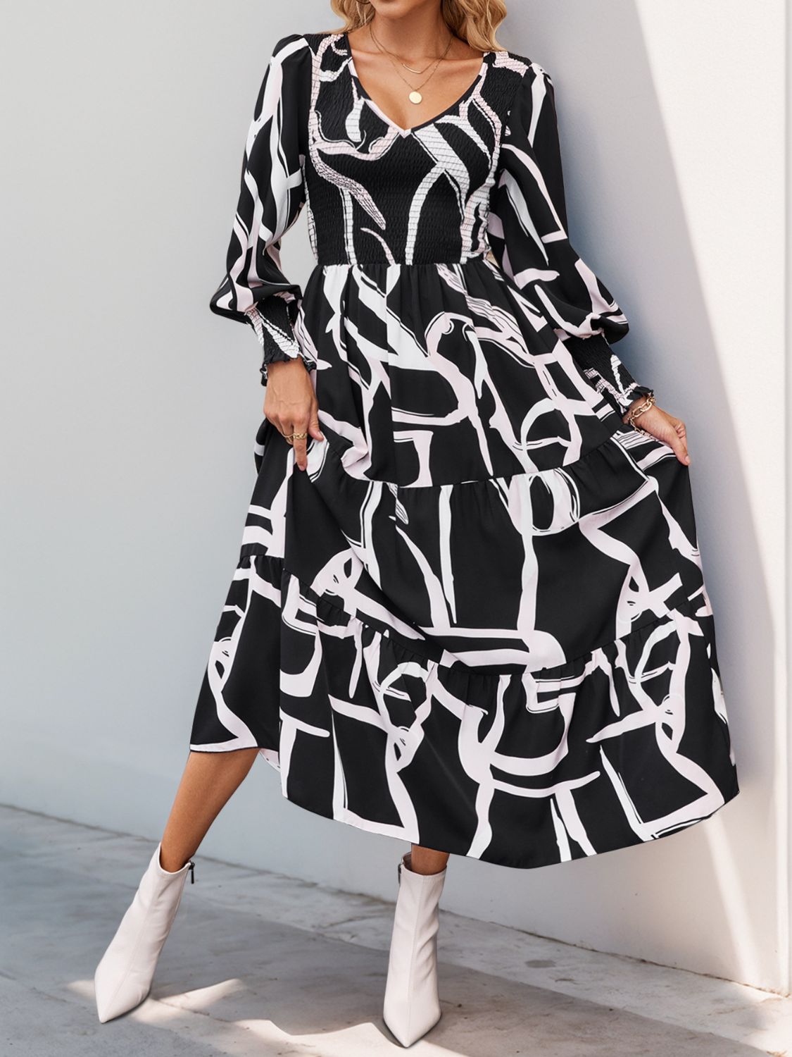 Perfee Split Printed Surplice Long Sleeve Midi Dress main image 0
