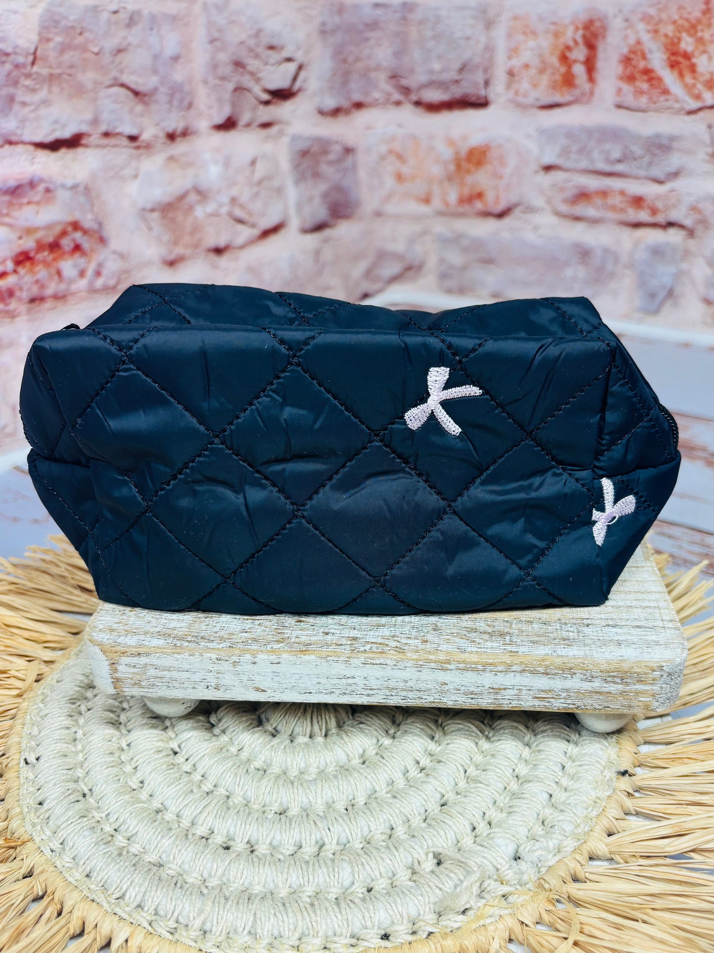 Embroidered Bow Cosmetic Bag