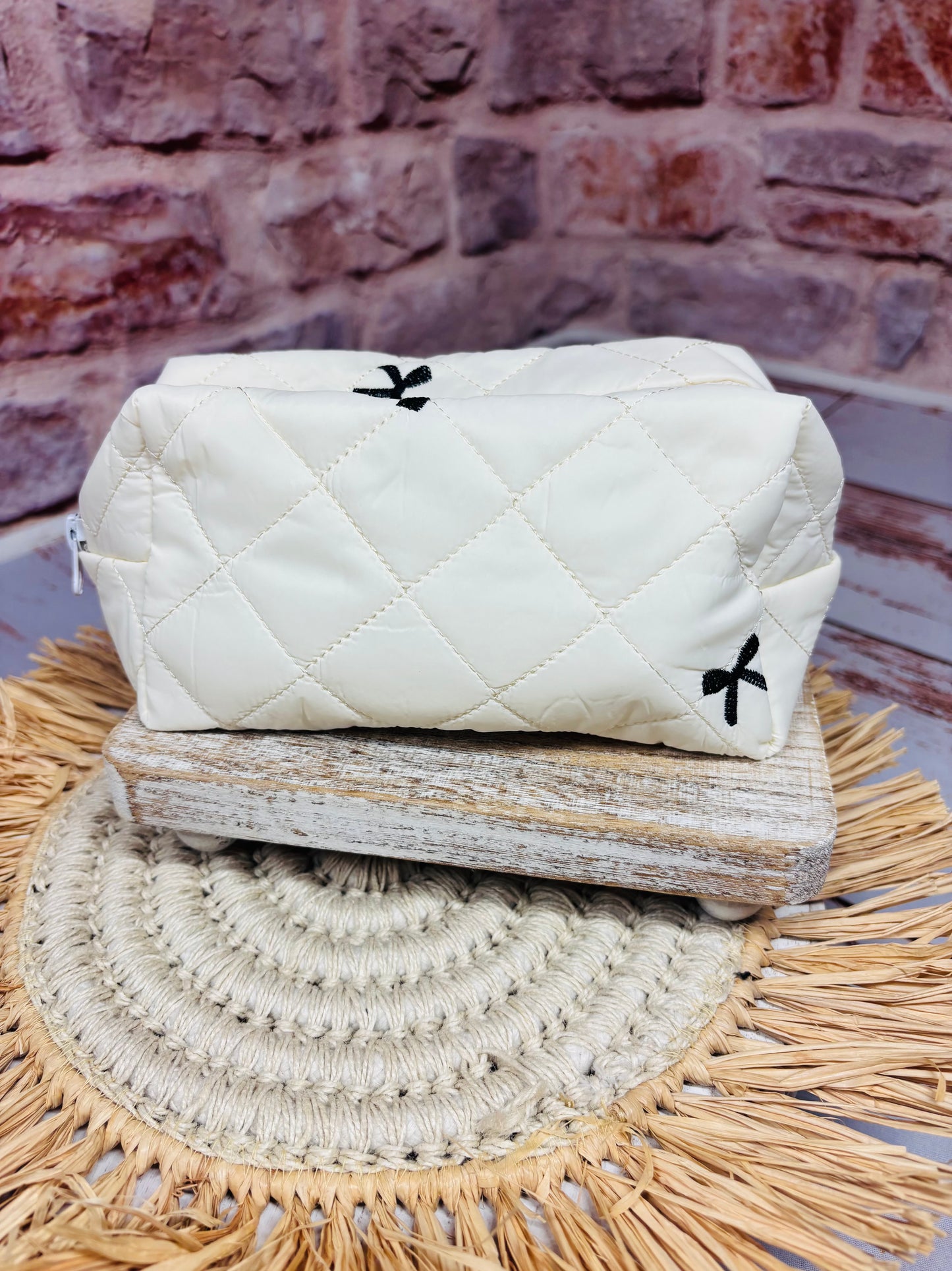 Embroidered Bow Cosmetic Bag