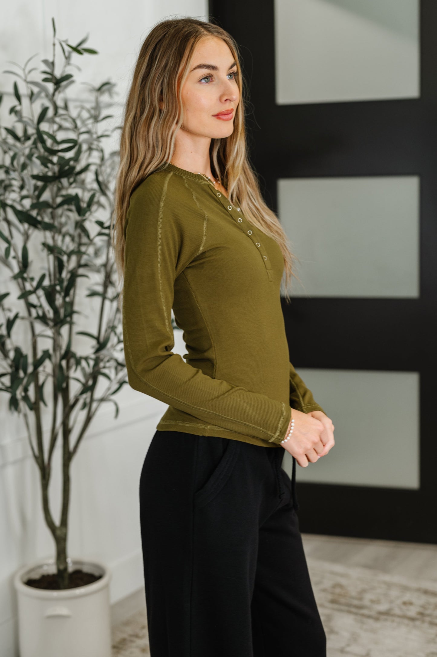 Effortless Edge Knit Henley Top in Camo Green