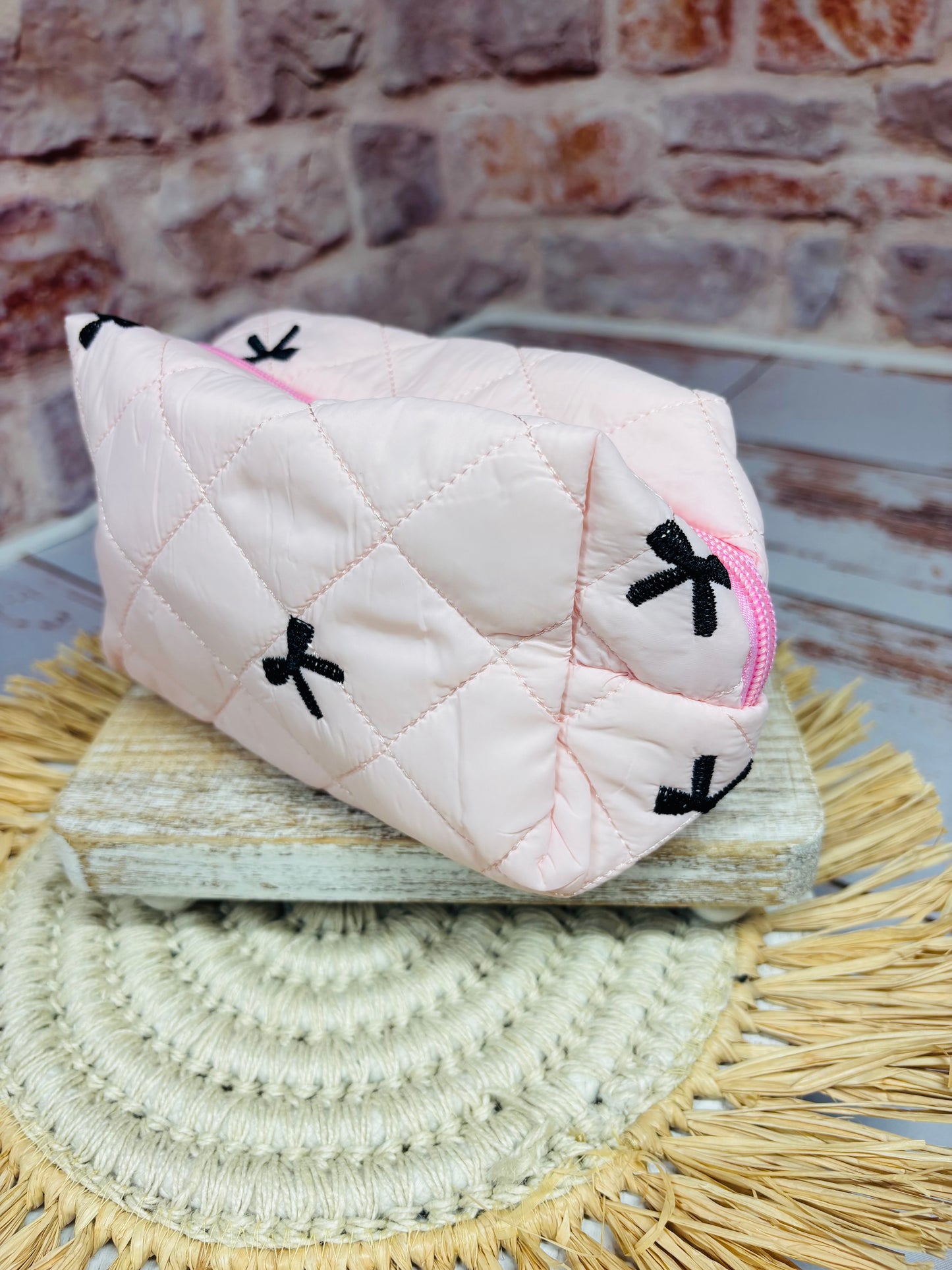 Embroidered Bow Cosmetic Bag
