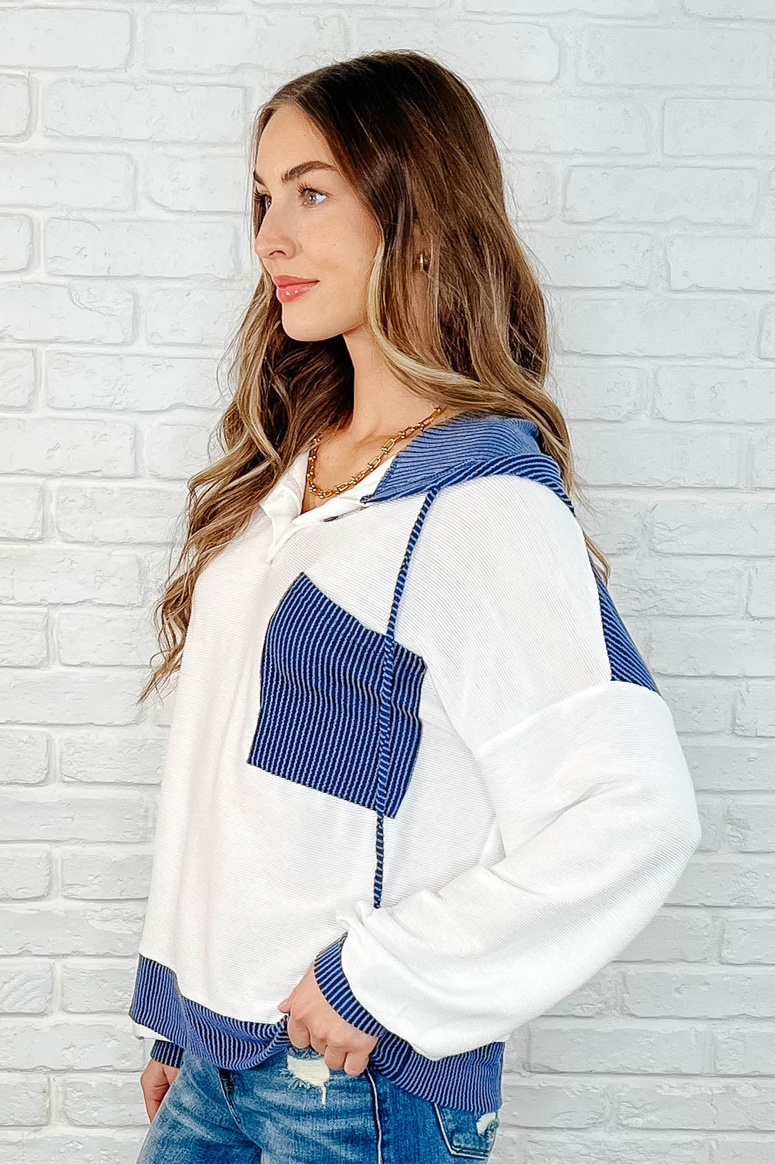 Here for Now Color Block Hoodie in Blue