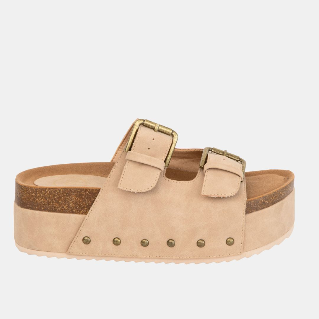 Nina 1 Double Buckle Flatform – Studded Slide Sandal with Cork Midsole