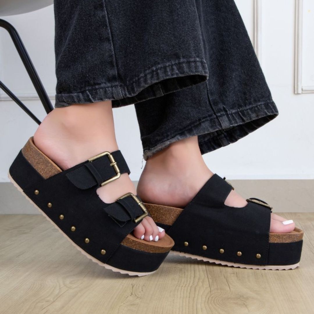 Nina 1 Double Buckle Flatform – Studded Slide Sandal with Cork Midsole
