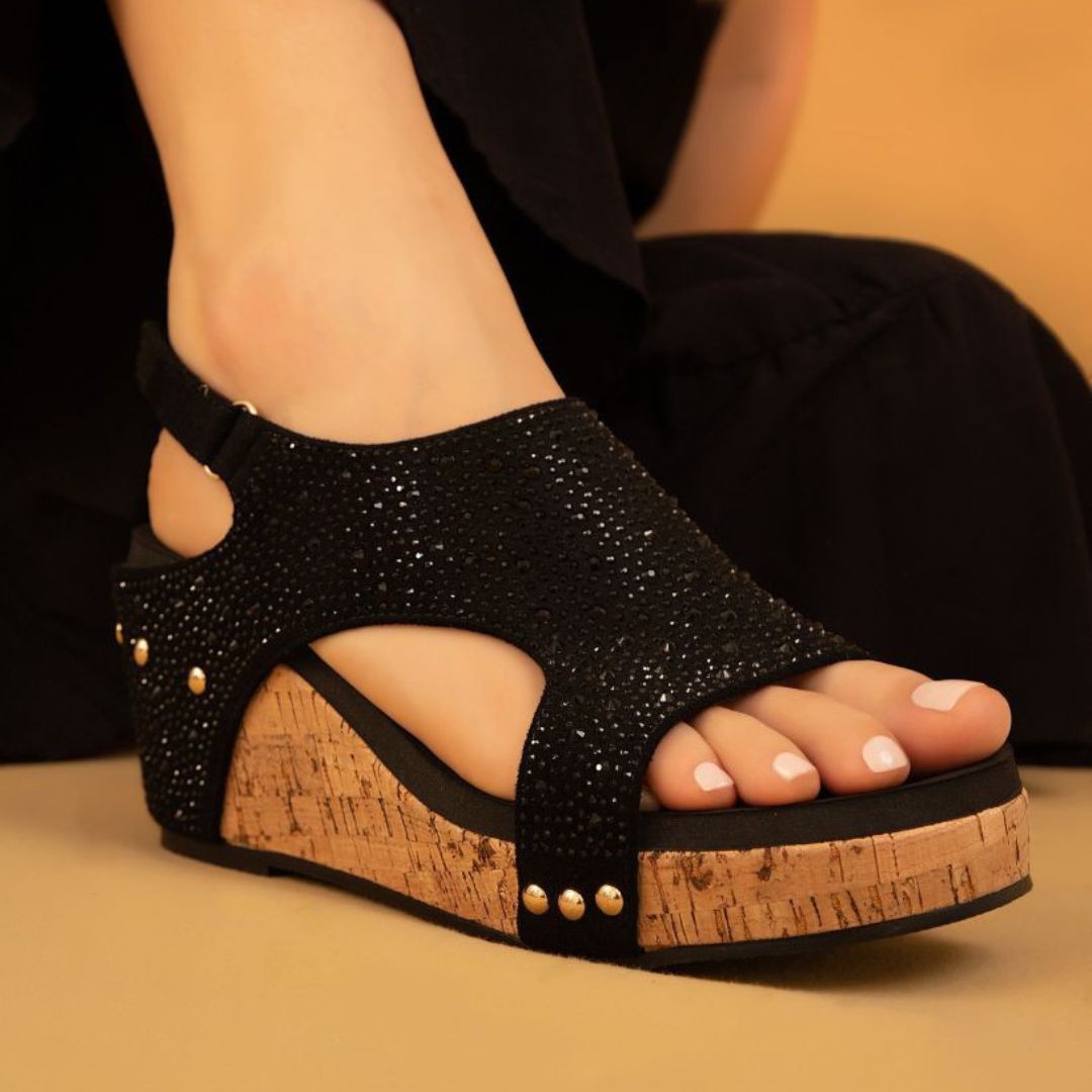 Barbara Crystal Slingback Wedge – Rhinestone Cork Platform in 3 Colors