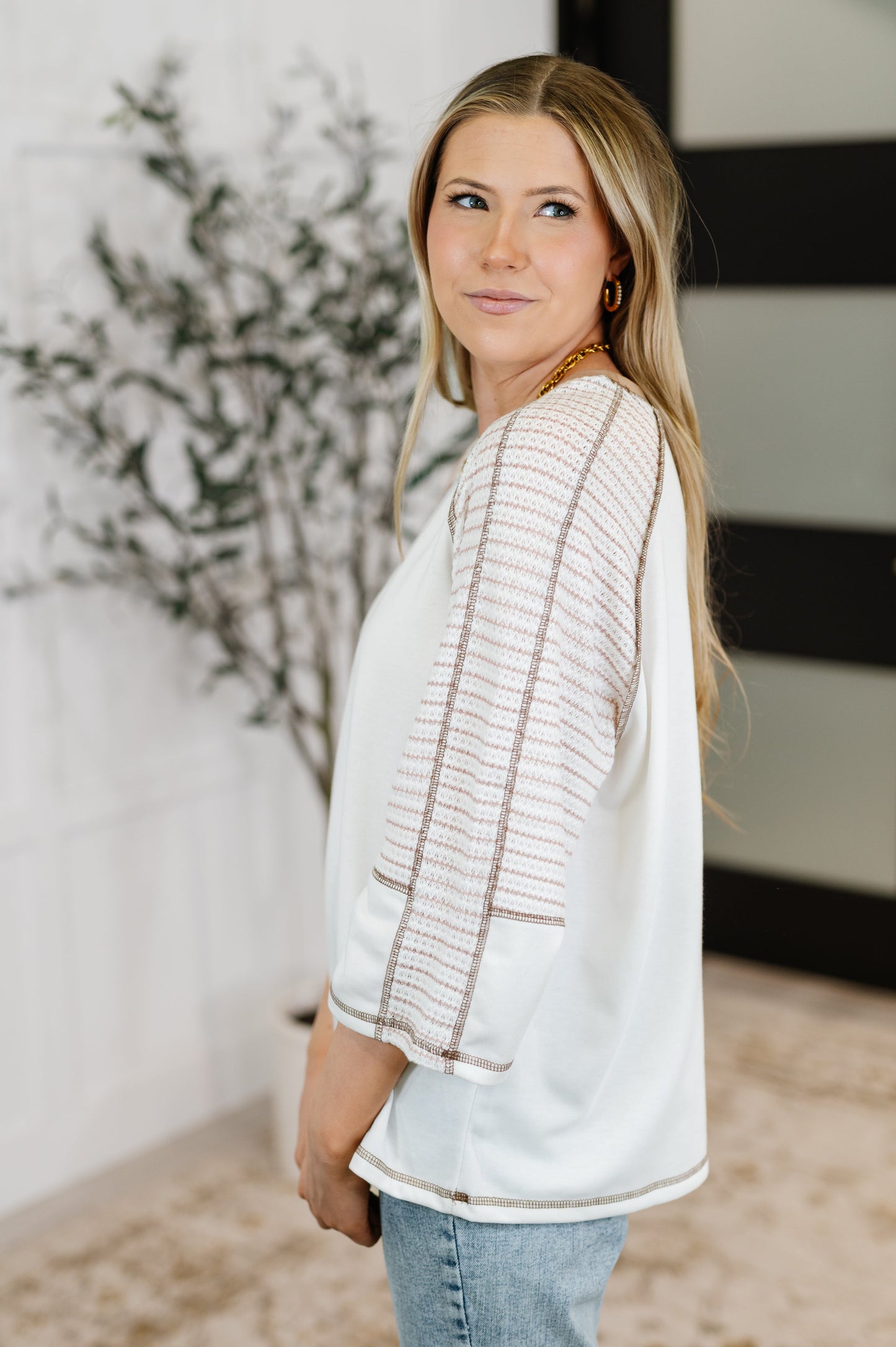 Preoccupied Striped Sleeve Top in Tan
