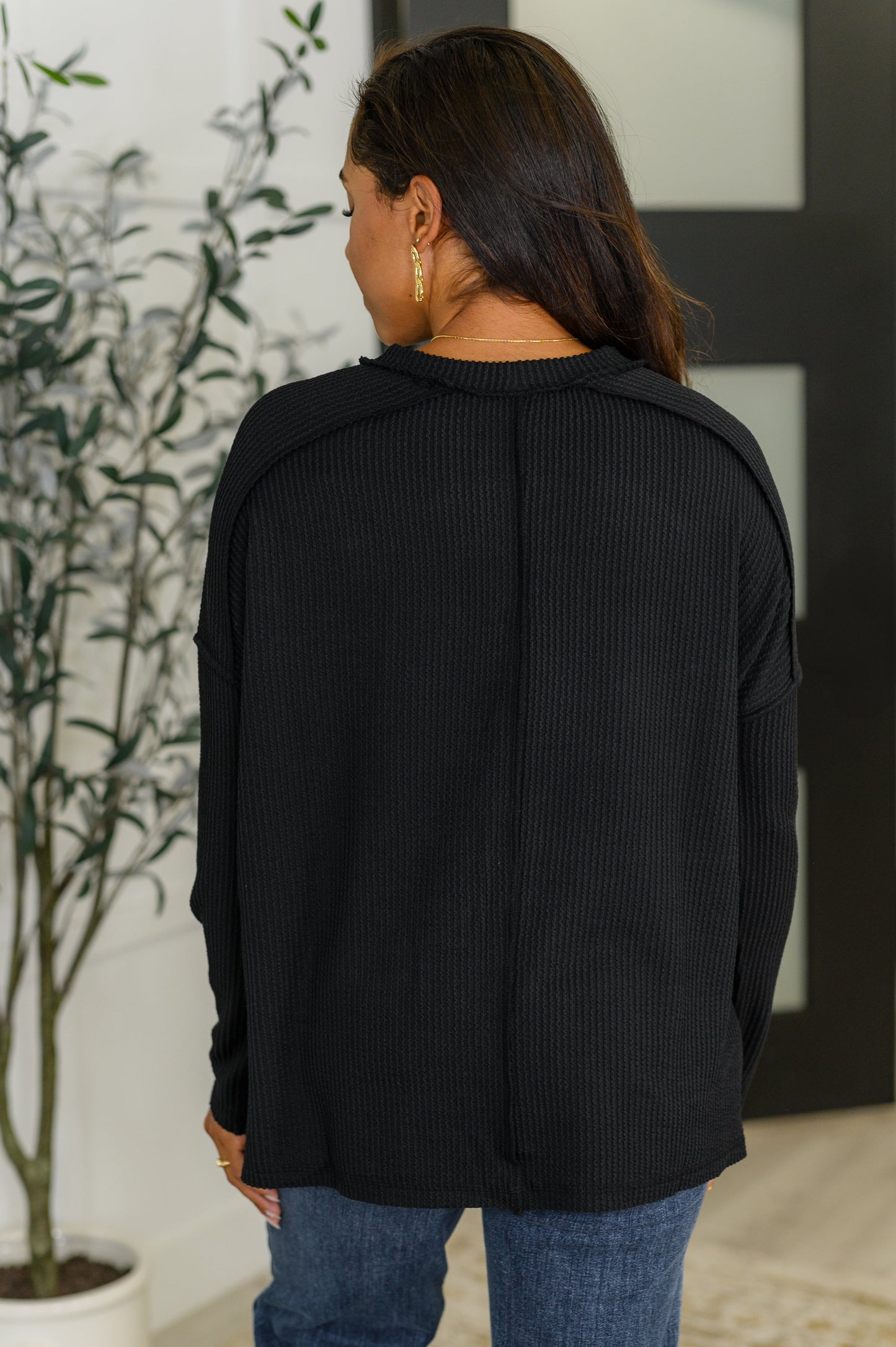 Wander & Rest Cable Ribbed Knit Drop Shoulder Top in Black