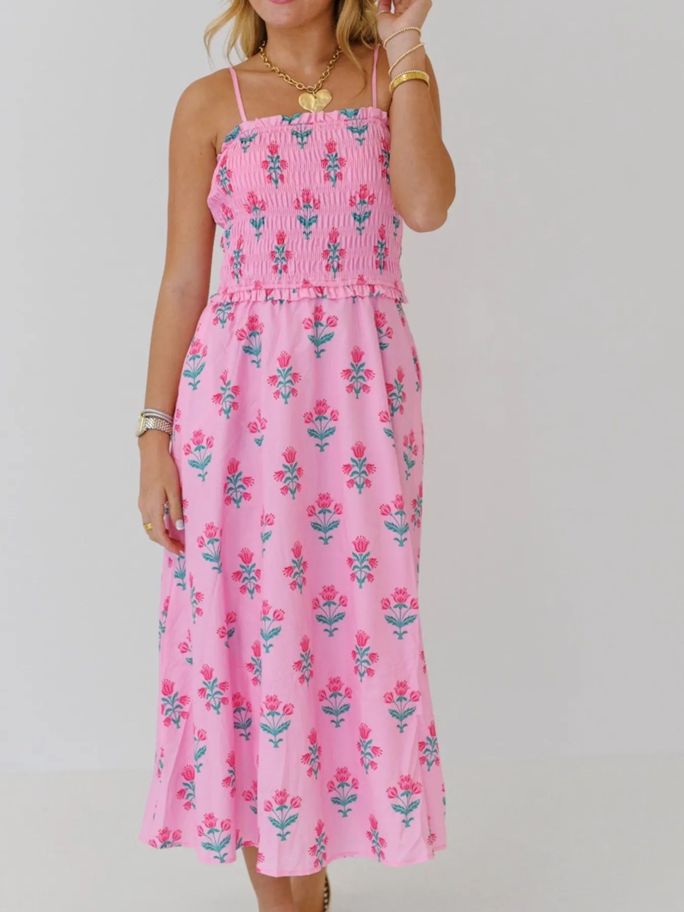 smocked cami midi dress Floral Smocked Midi Cami Dress – Sparkled Leopard Boutique
