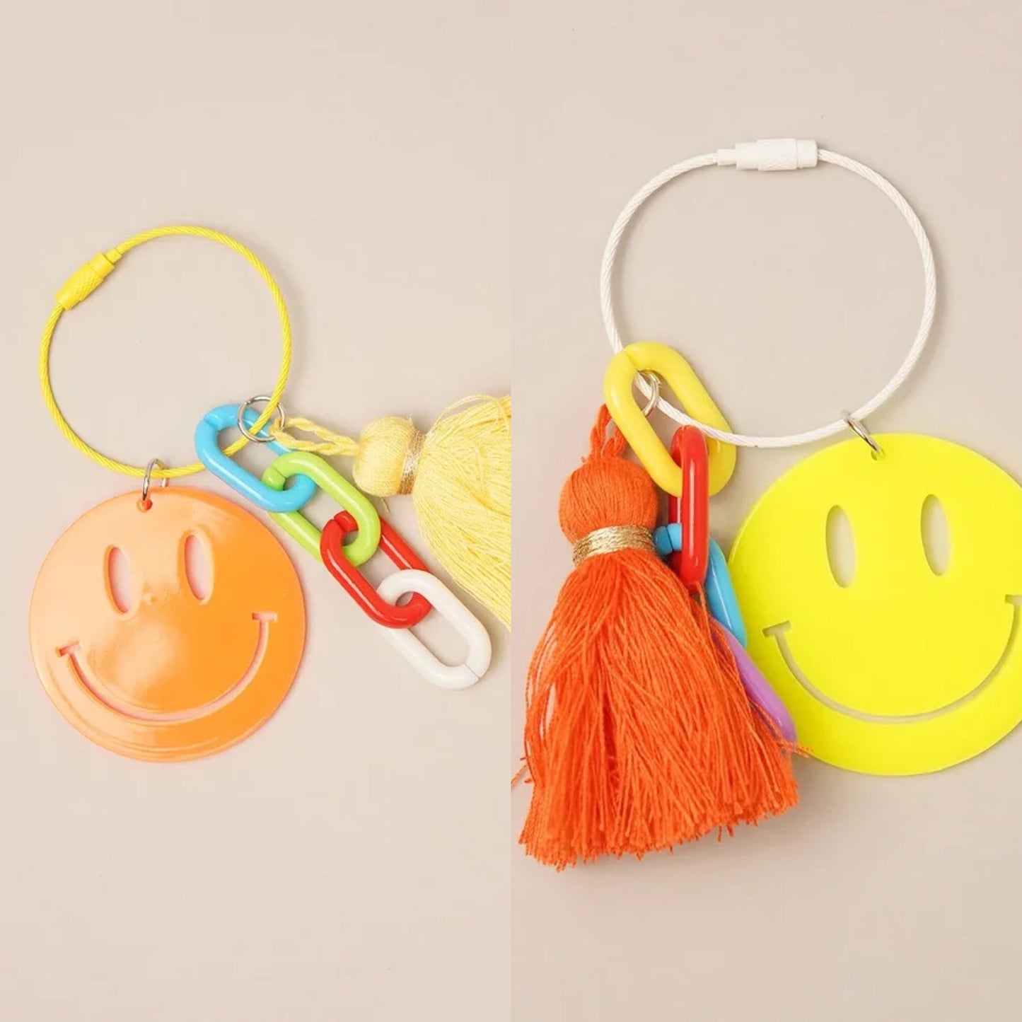 Colorful Happy Face Tassel Keychain Bag Charms