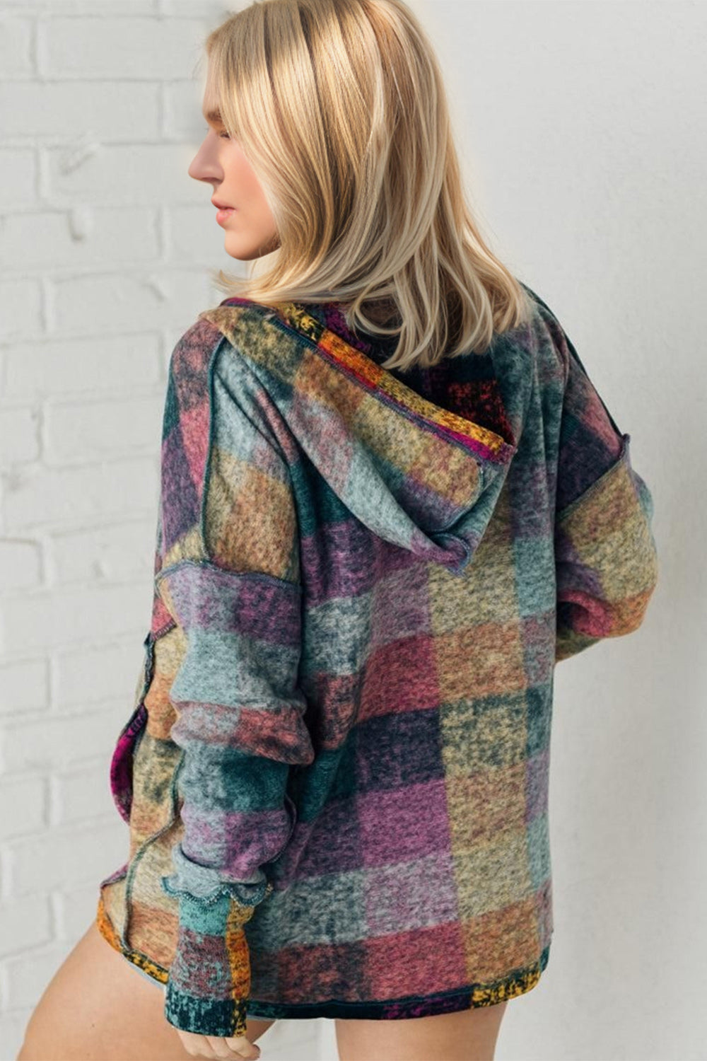 Double Take Full Size Plaid Dropped Shoulder Hoodie