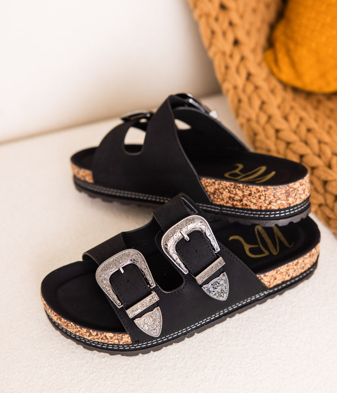 Mickie Western Slides in Black